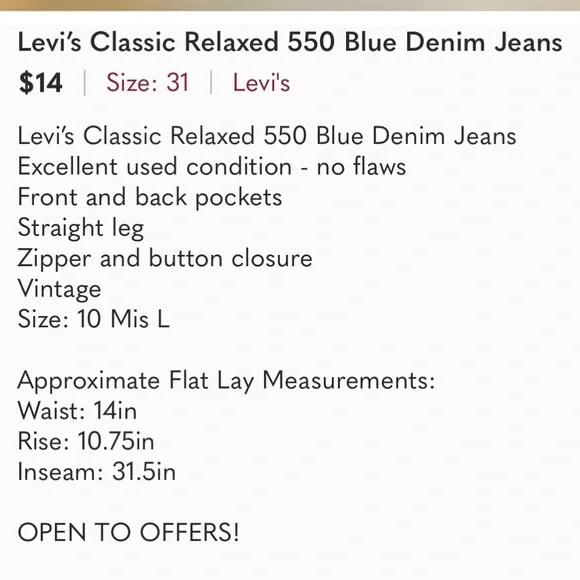 Levi’s Classic Relaxed 550 Blue Denim Jeans - Picture 9 of 9
